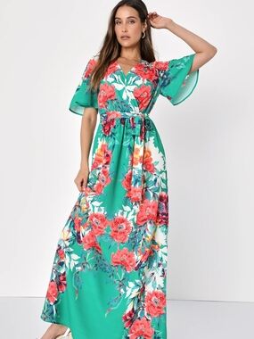 Stilll In Paradise Green Maxi Floral Print Wrap Dress Lulus